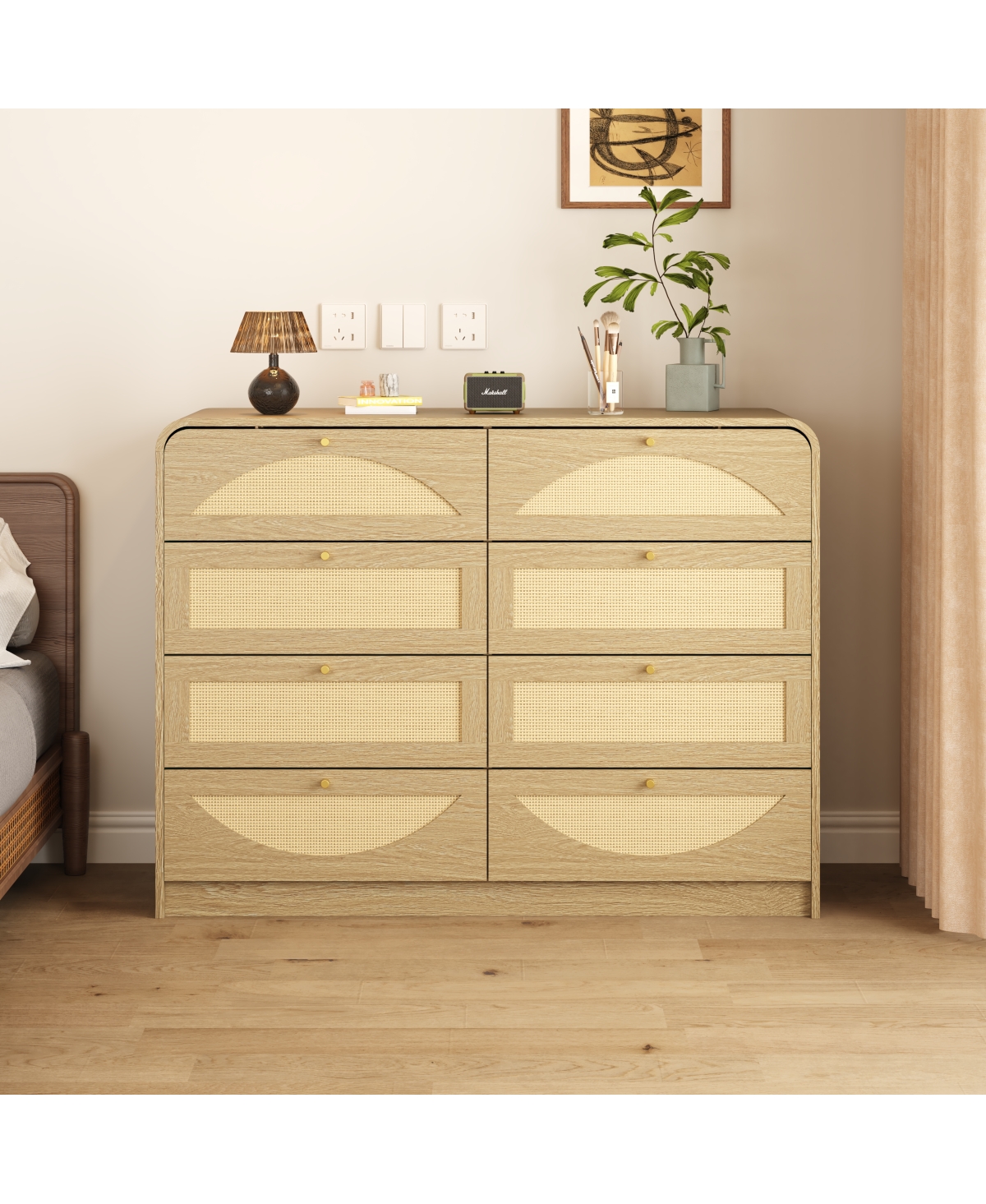 Streamdale Furniture 8-Drawer Rattan Front Dresser, Natural Wood Storage Chest
