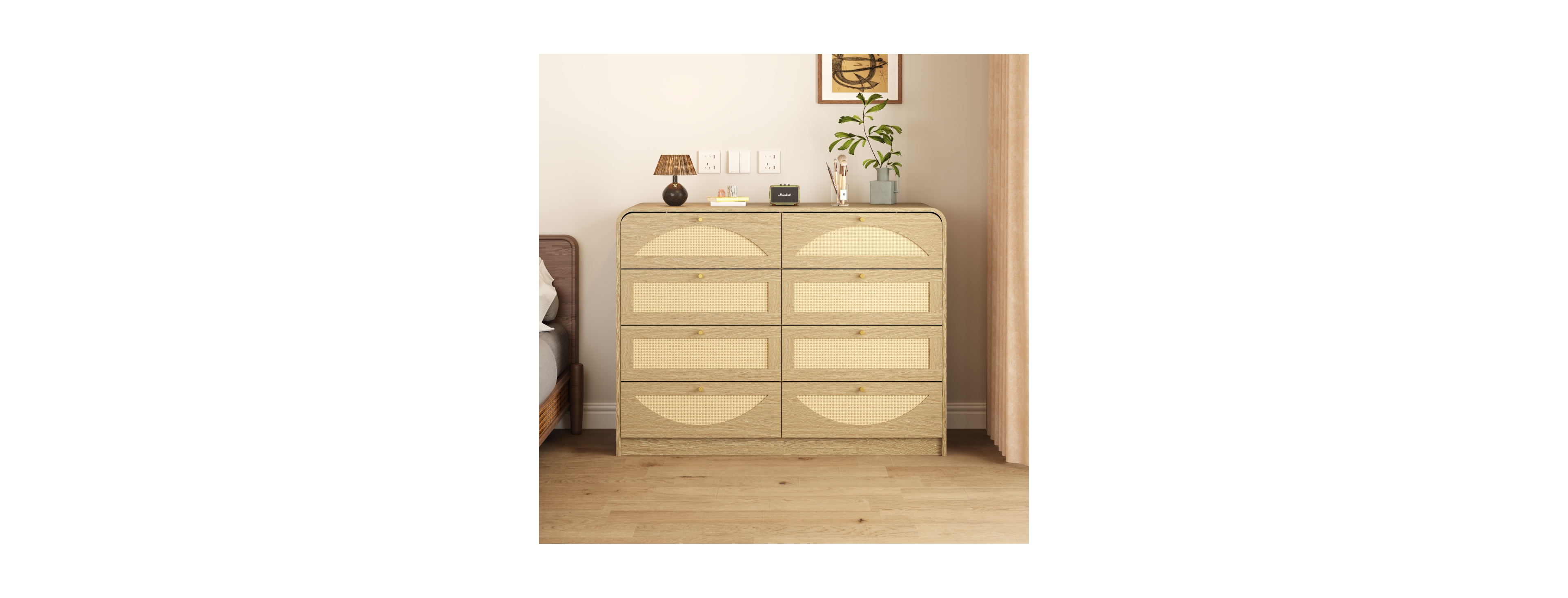 Streamdale Furniture 8-Drawer Rattan Front Dresser, Natural Wood Storage Chest