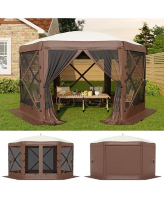 6 Sided Gazebo Tent, 13x13 Foot Brown Outdoor Patio Canopy with Removable Privacy Panels for Backyard or Camping