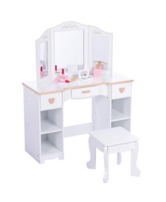 Dressing Table and Stool Set,Pretend Play Girls Vanity Desk with Tri-Folding Mirror,3 Drawers,4 Storage Shelves and Accessories