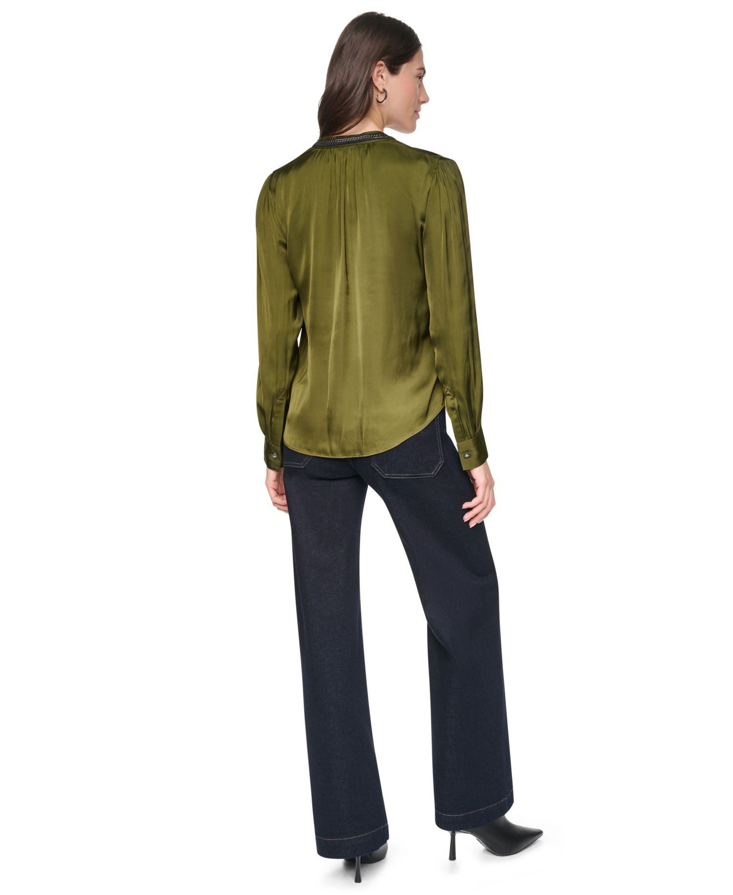 Women's V-Neck Satin Long-Sleeve Top
