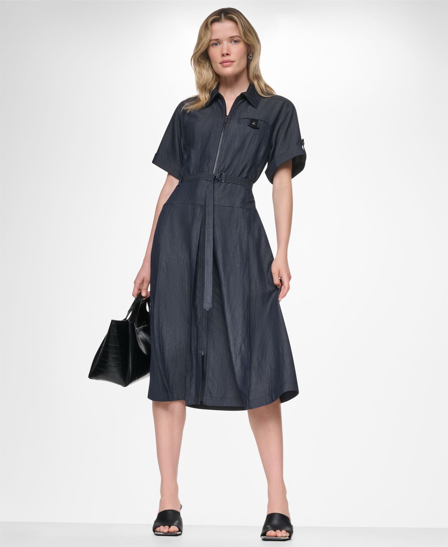 Женское платье DKNY Collared Short-Sleeve Removable Belt Midi, цвет: Тёмный индиго варёный — фото 7