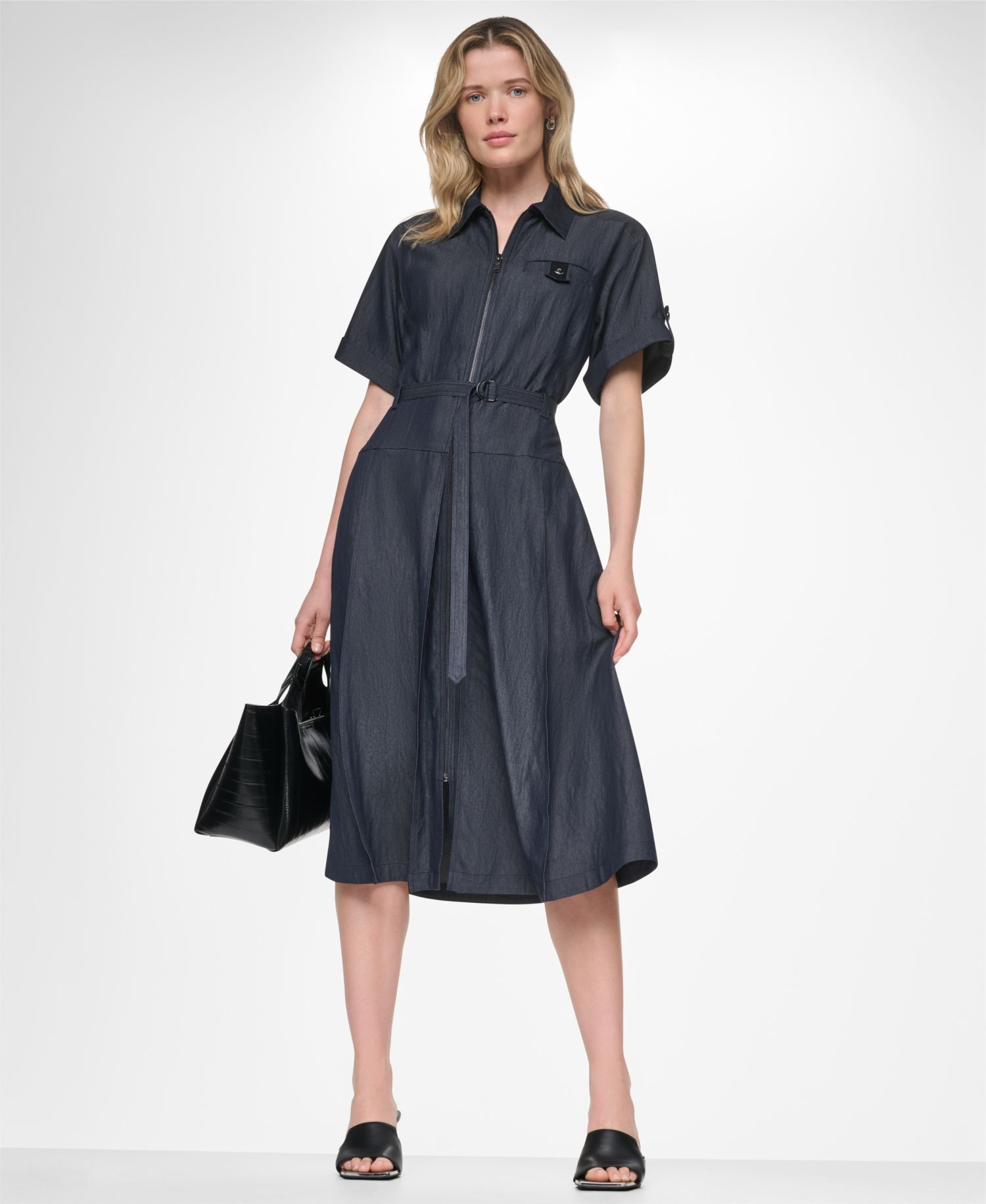 Women's Collared Short-Sleeve Removable Belt Midi Dress