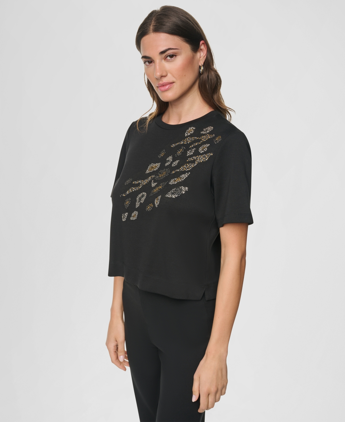 Dkny Women's Animal Print Heatset Short-Sleeve Crewneck Cotton Top