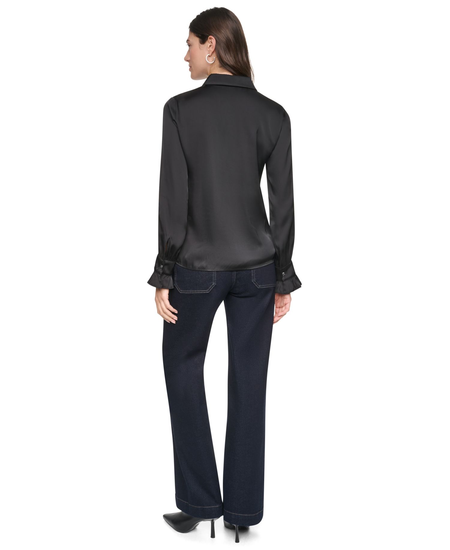 Women's Animal Print Heatset Ruffle-Cuff Collared Blouse
