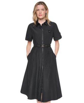 Women's Collared Short-Sleeve Removable Belt Midi Dress