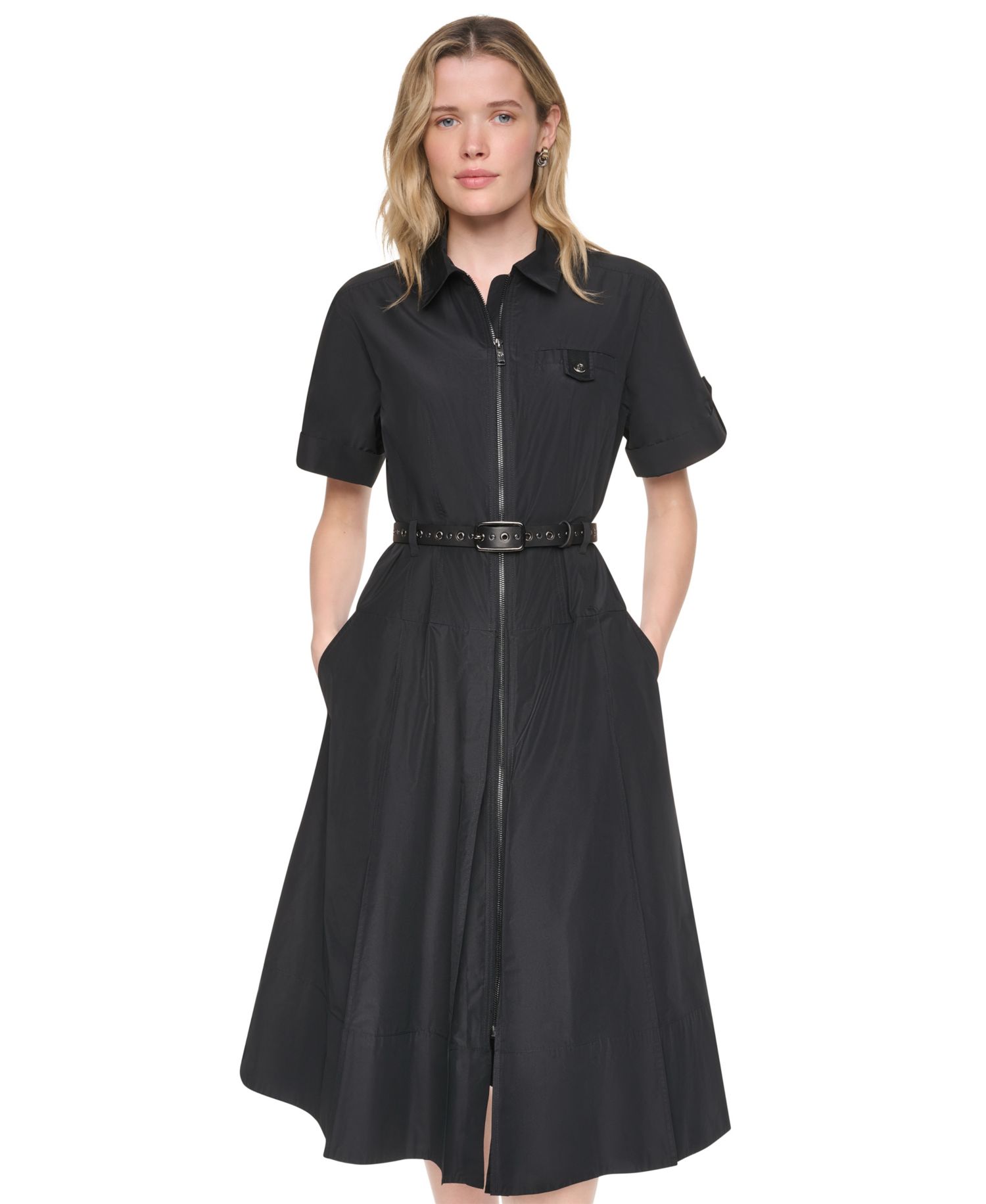 Women's Collared Short-Sleeve Removable Belt Midi Dress