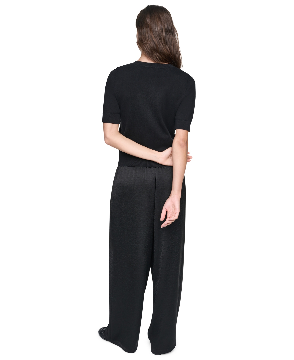Dkny Women's Lace Trim Crewneck Short-Sleeve Cotton Sweater