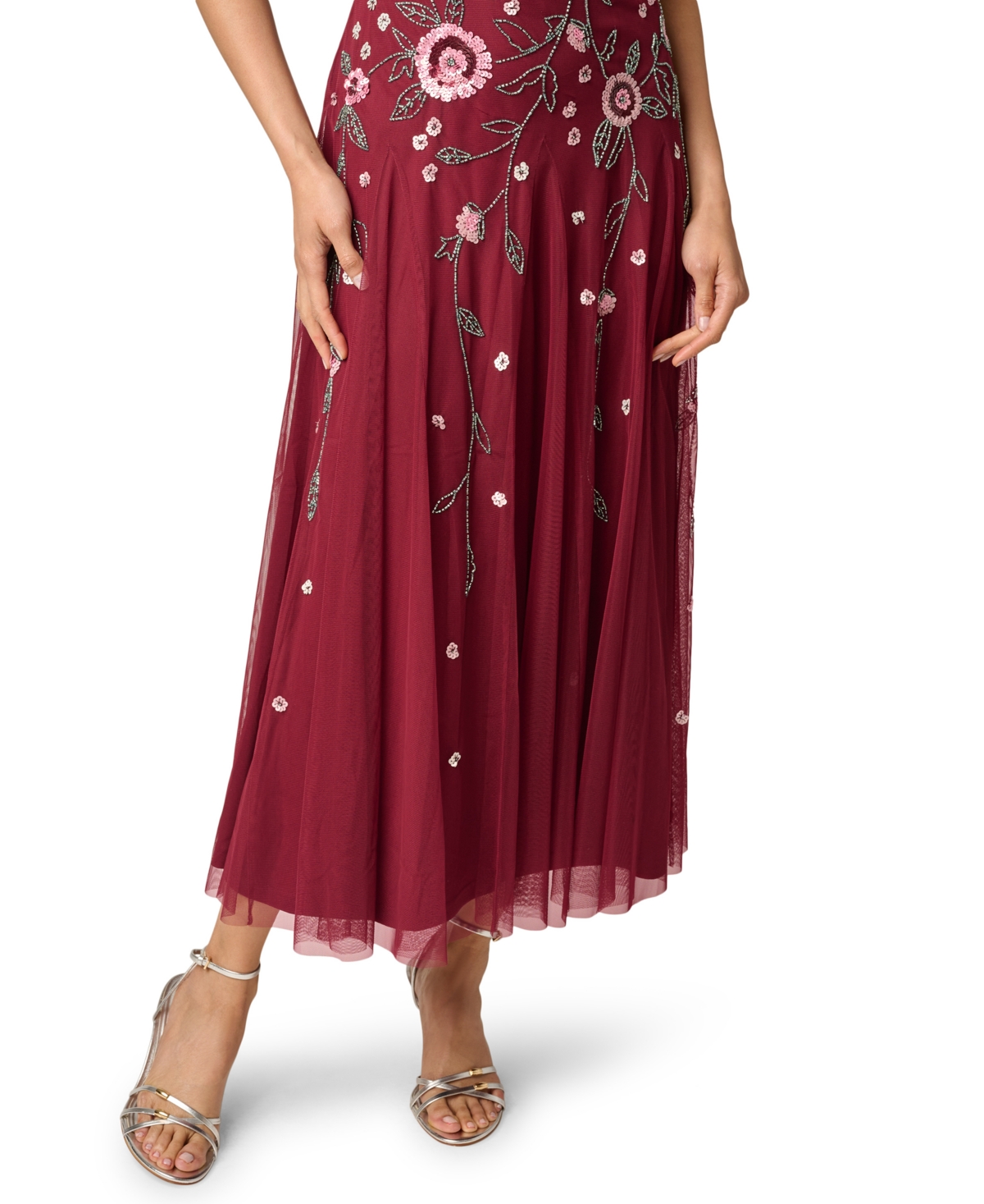 Adrianna Papell Women's Boat Neck Beaded Mesh Ankle Dress
