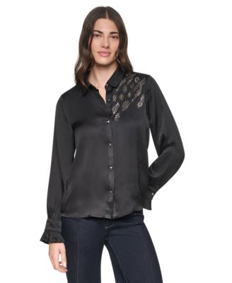 Women's Animal Print Heatset Ruffle-Cuff Collared Blouse