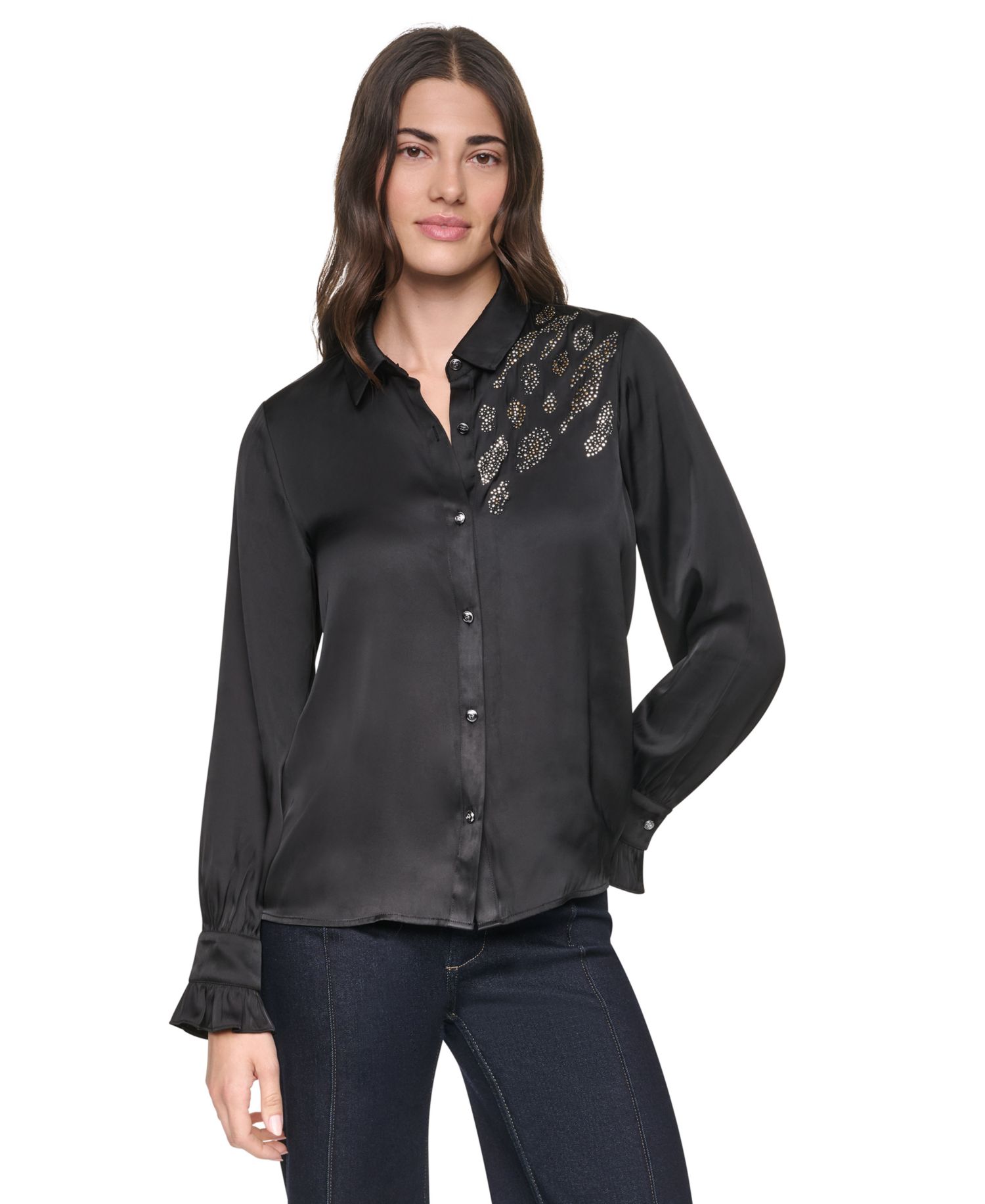 Women's Animal Print Heatset Ruffle-Cuff Collared Blouse