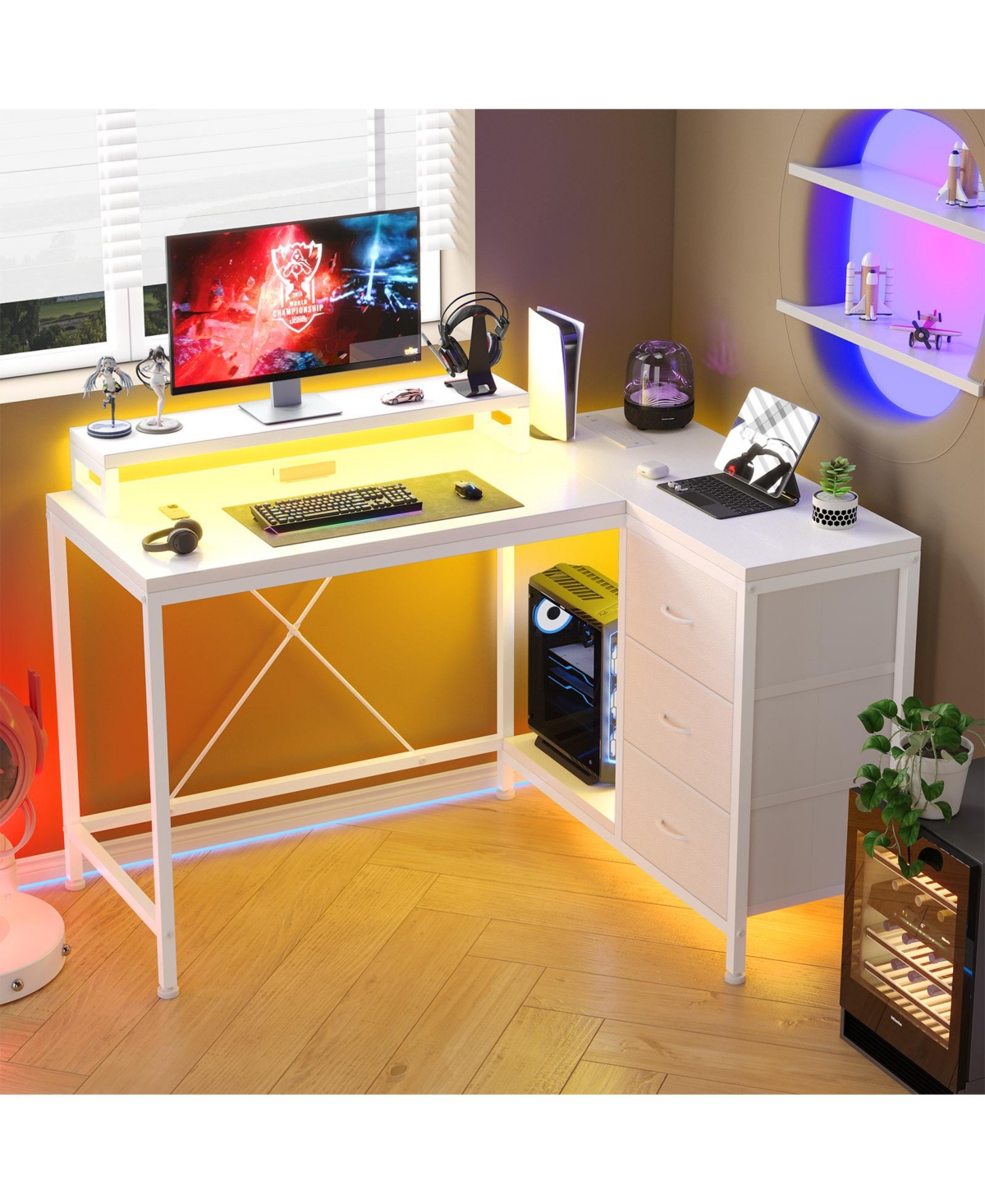 homfan L Shaped Computer Desk with Power Outlets and Led Lights - 3 Drawers, Storage Shelves, Monitor Stand