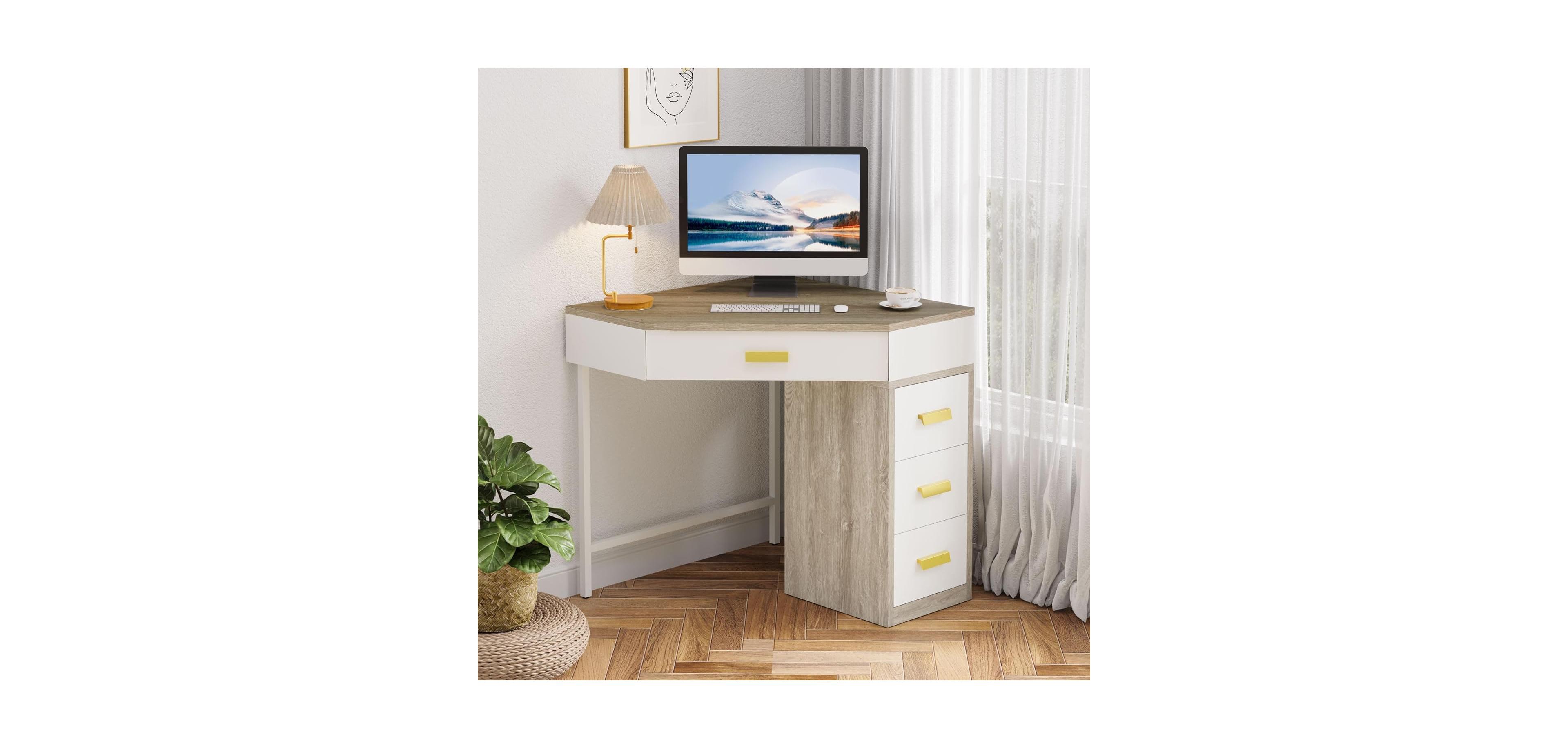 Tribesigns Corner Desk,Triangle Computer Desk,90-Degree Writing Desk Pc Table Makeup Vanity Desk with Storage for Home Office,Living Room