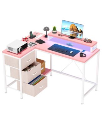L Shaped Computer Desk with Power Outlets and LED Lights - 3 Drawers, Storage Shelves, Monitor Stand - Reversible Corner Gaming Workstation