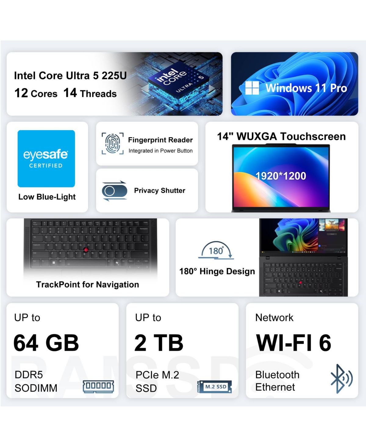 Lenovo ThinkPad T14 14" Fhd Plus Touch Business Ai Laptop, Intel Core Ultra 5 225U, Intel Graphics, 64GB DDR5, 2TB Ssd, Wi-Fi 6, Win11 Pro