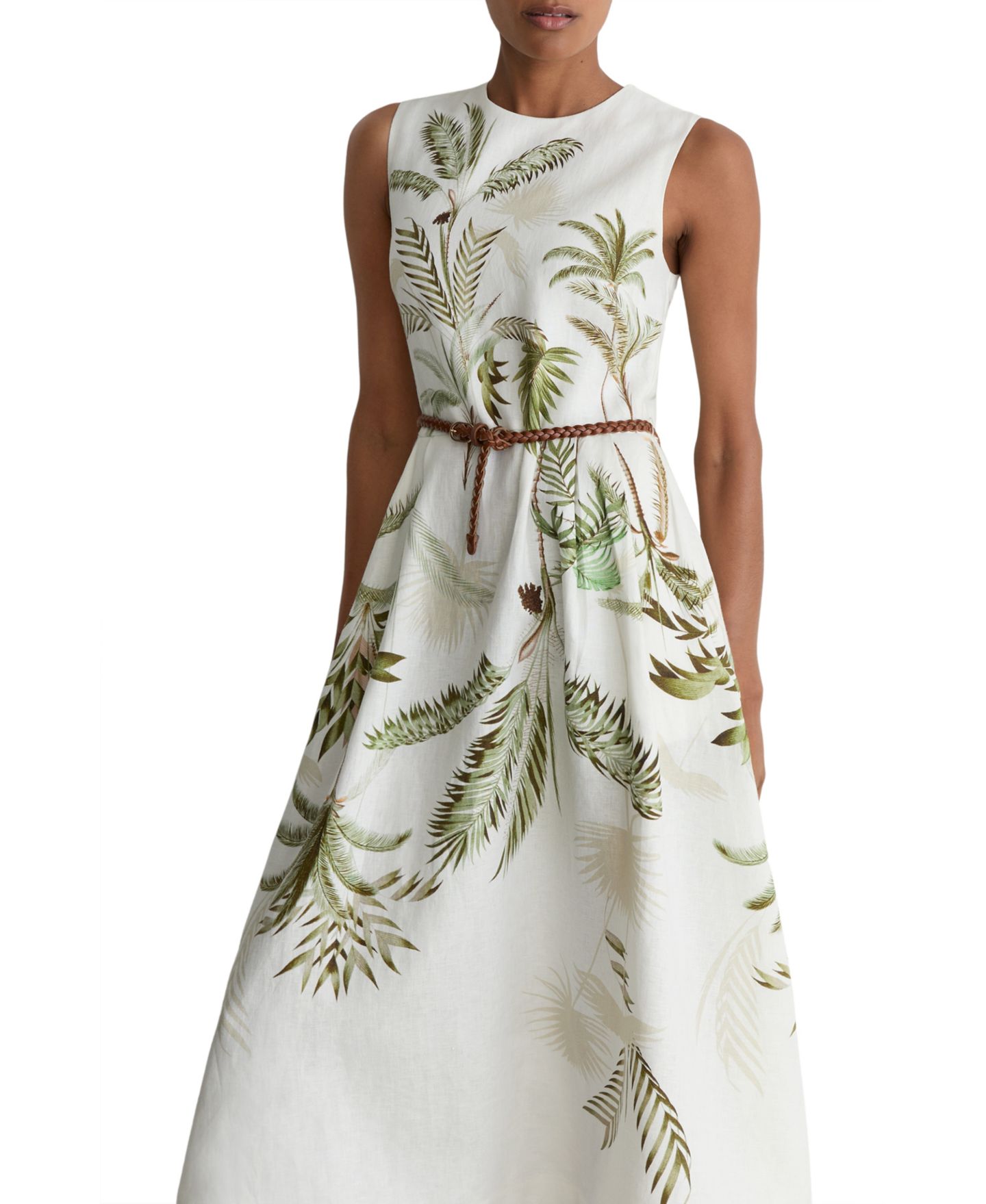 Женское платье REISS Palma Linen Palm-Print Sleeveless Midi, цвет: Слоновая кость — фото 3