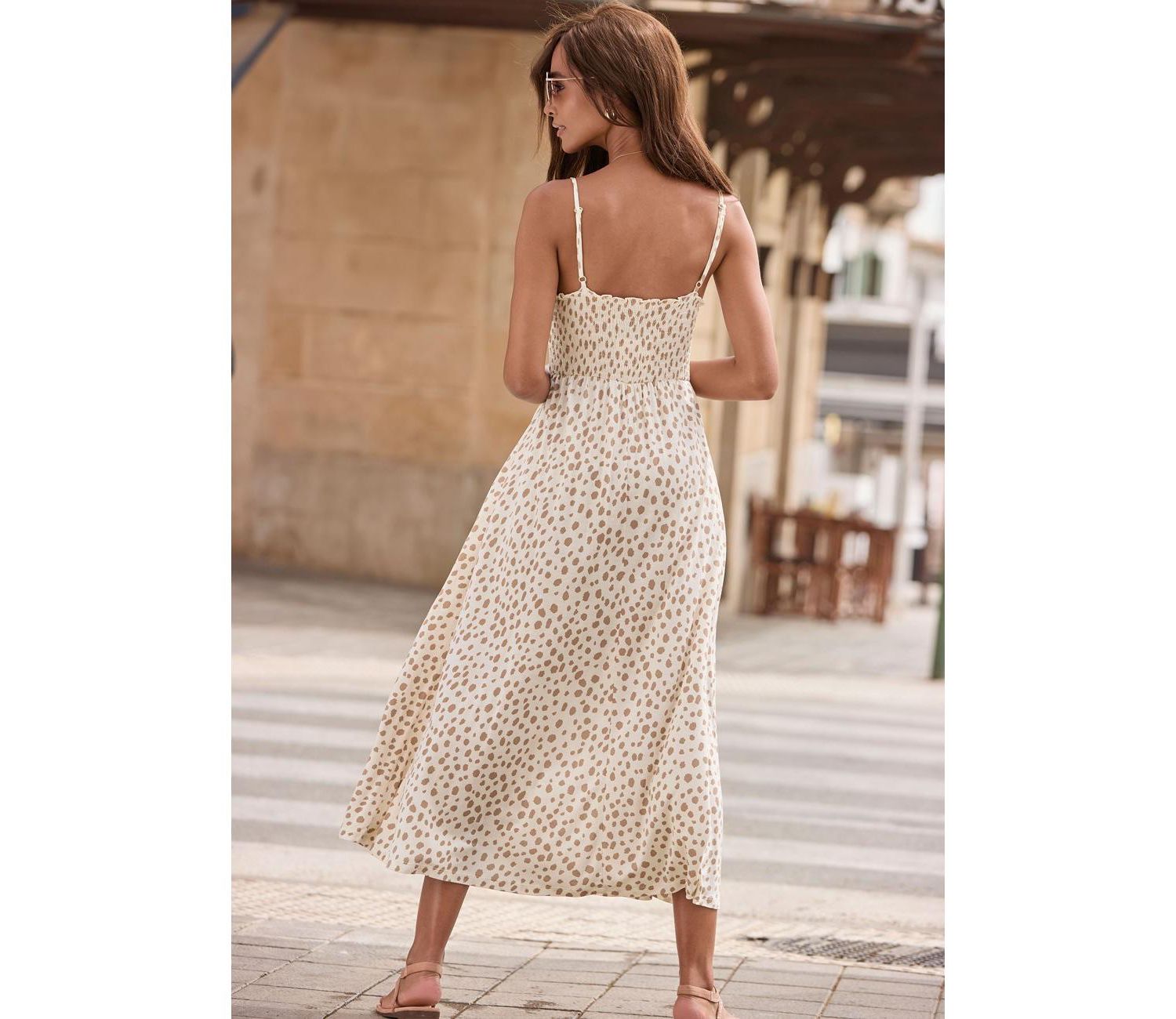 Women's Viscose Printed Smocked Dot A-Line Square-Neck Midi Dress