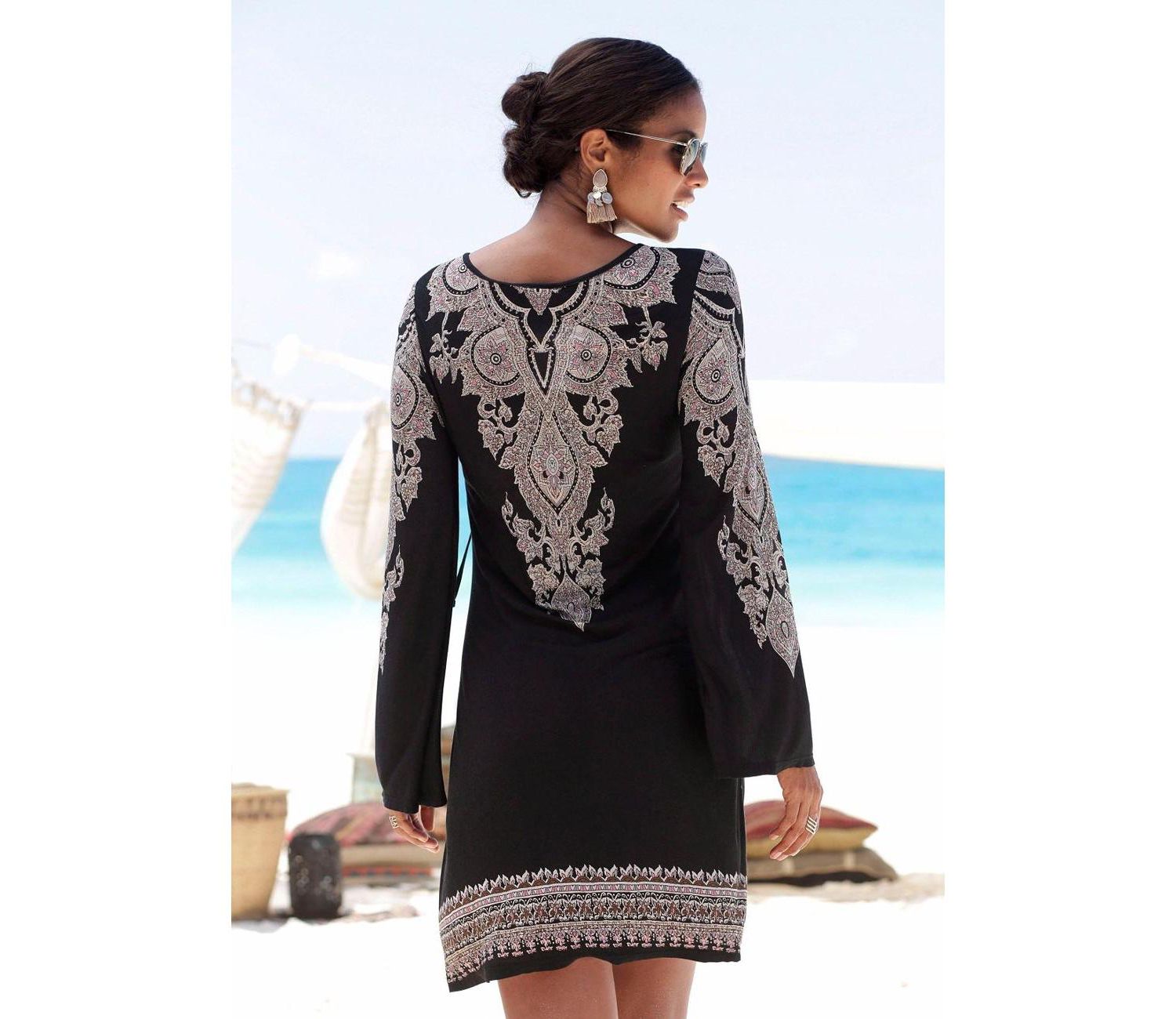Women's Viscose Boho Print Lace Up Notch-Neck Short Dress