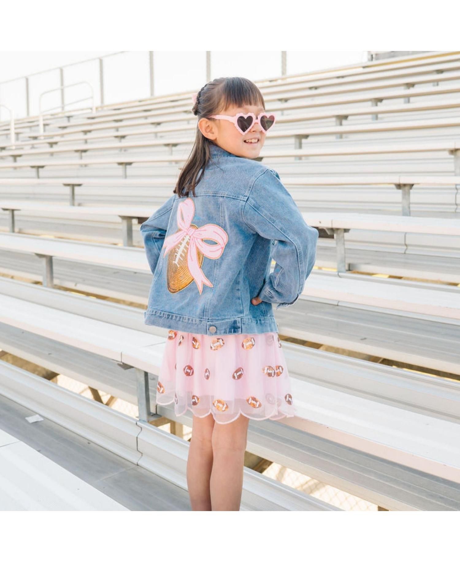 Big Girls (2T-4T) Football Sequin Patch Denim Jacket