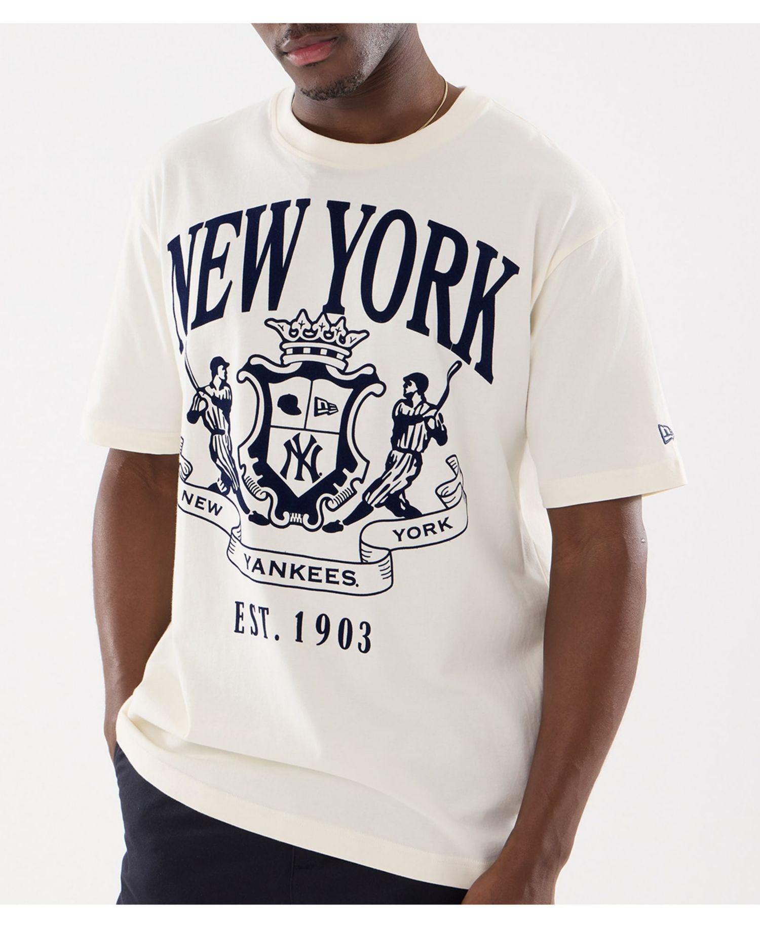 Men's Beige New York Yankees Lifestyle Coat of Arms Flocking T-Shirt