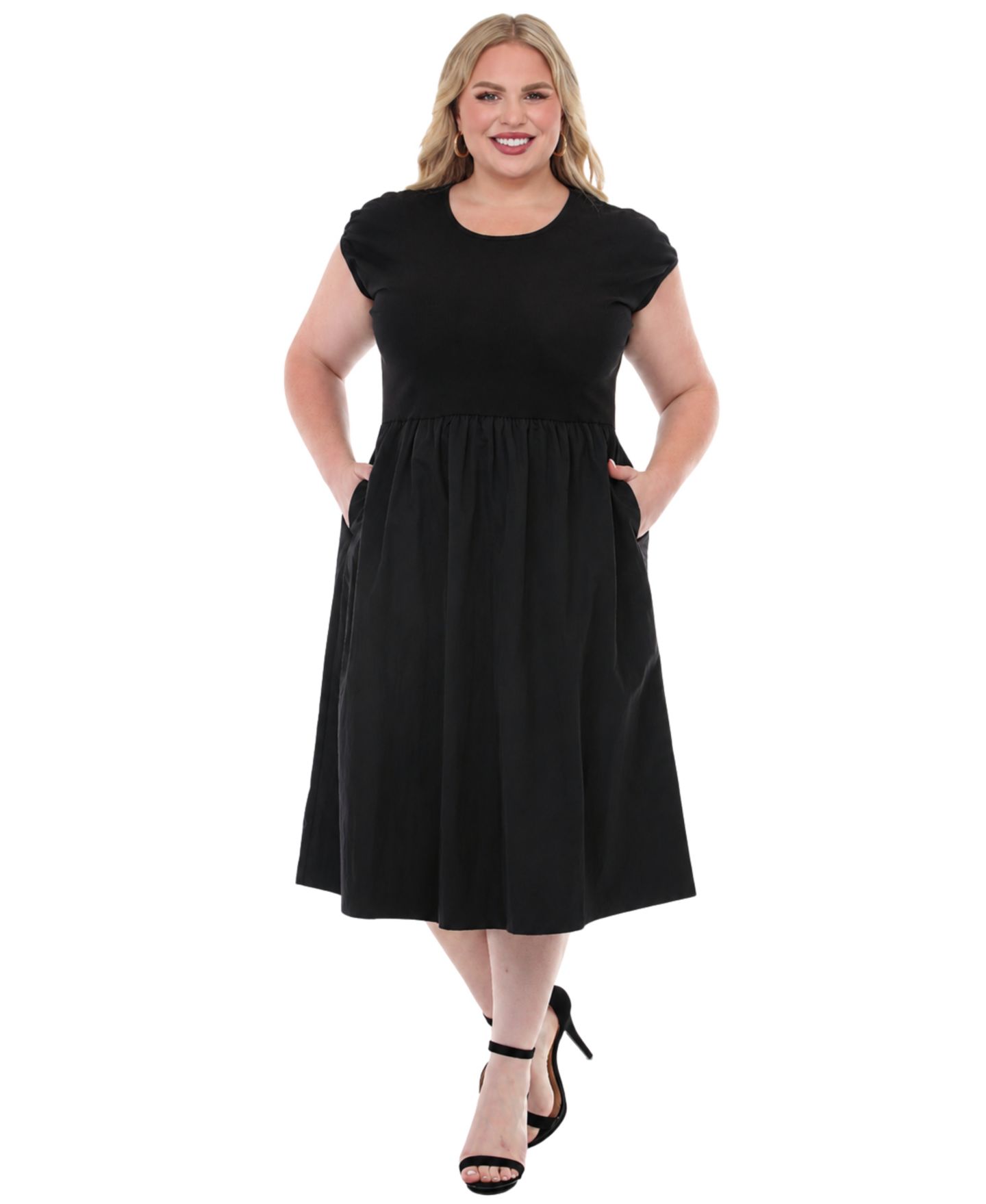 Женское платье White Mark Plus Size Ultrasoft Cotton Knit to Woven Midi, цвет: Чёрный — фото 1