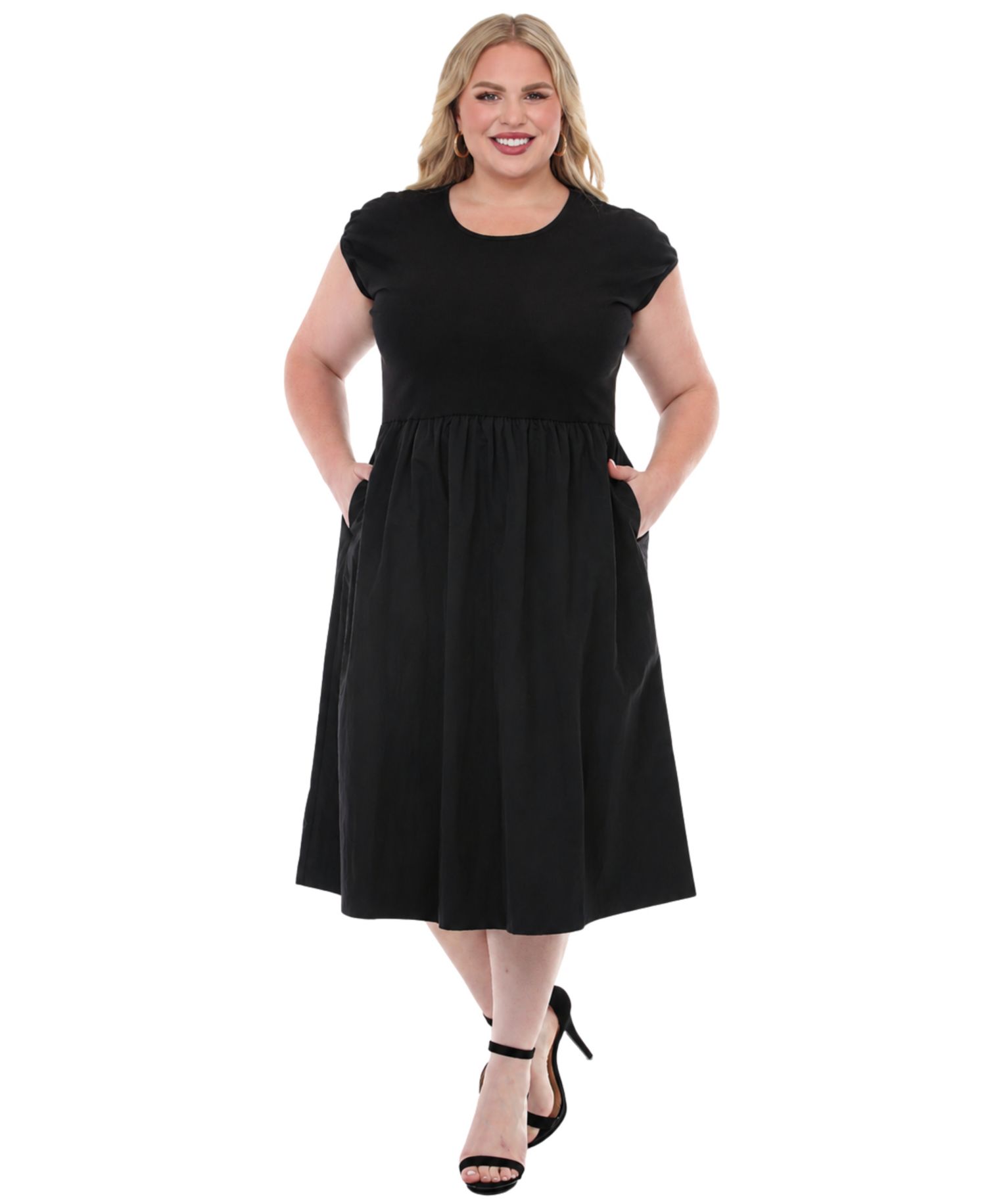 Plus Size Ultrasoft Cotton Knit to Woven Midi Dress