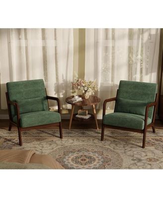 Set of 2 Mid-Century Chenille Accent Chairs - Barrel Armchairs with Lumbar Pillow, Reading Chairs with Wood Frame for Living Room and Office