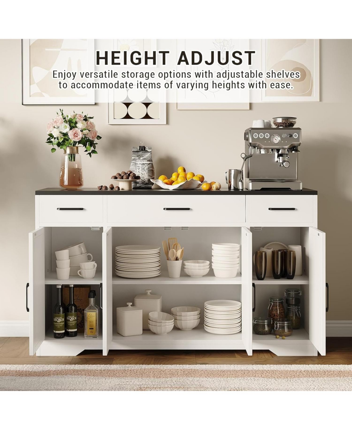 homfan Buffet Sideboard Cabinet with 3 Drawers, Storage Shelves and Doors for Kitchen, Dining Room, Living Room