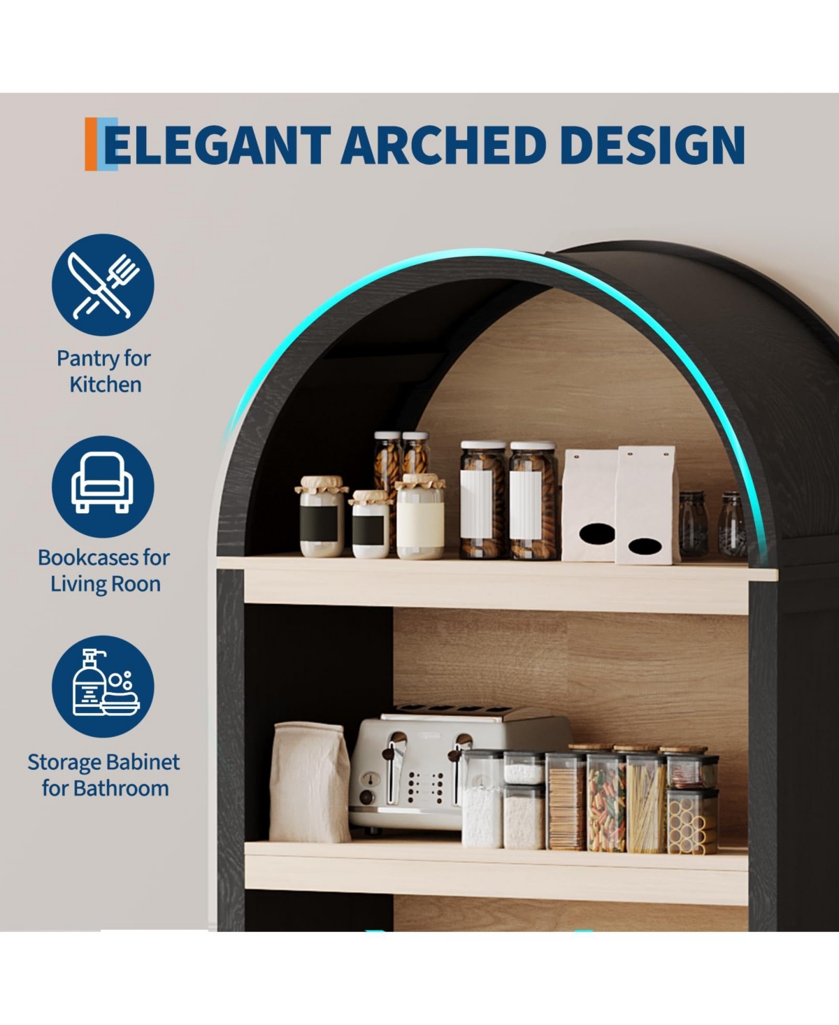 homfan 71" Tall Arched Bookshelf Cabinet, 5-Tier Bookcase with Mid-Century Doors and Open Shelves, Adjustable Storage for Office Living Room