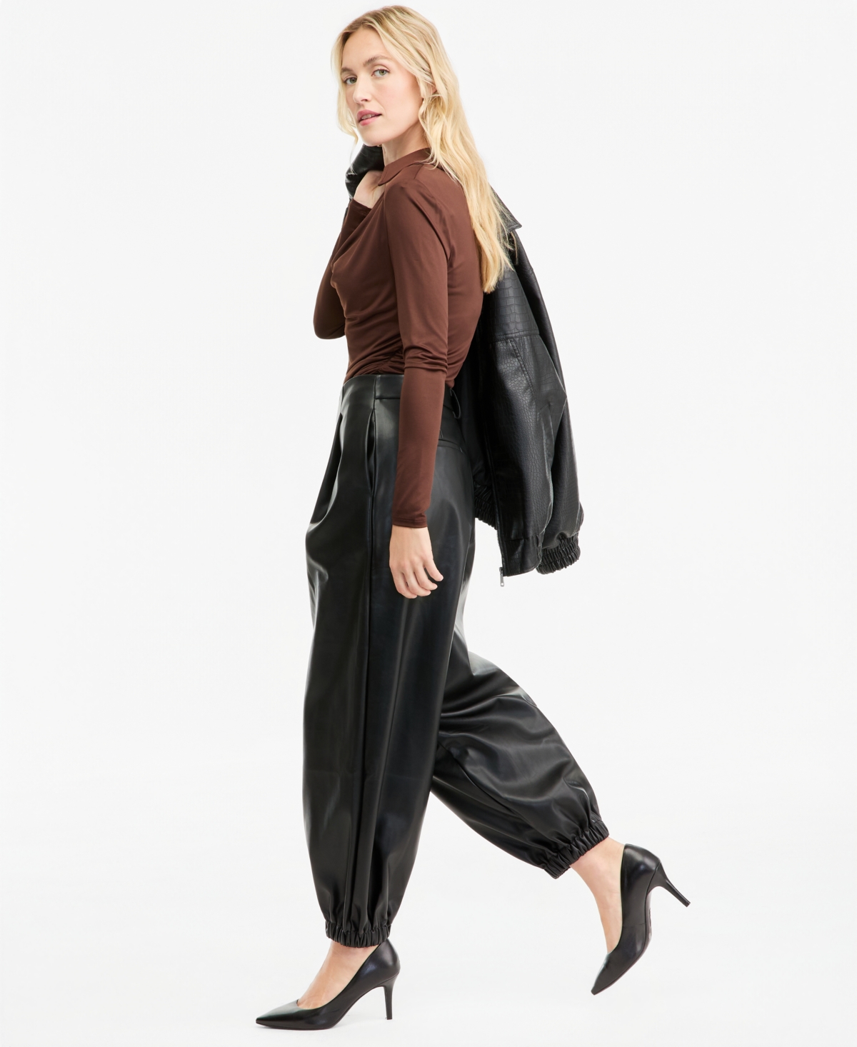 Bar Iii Women's High-Rise Pleated Faux Leather Pants, Macy's Exclusive