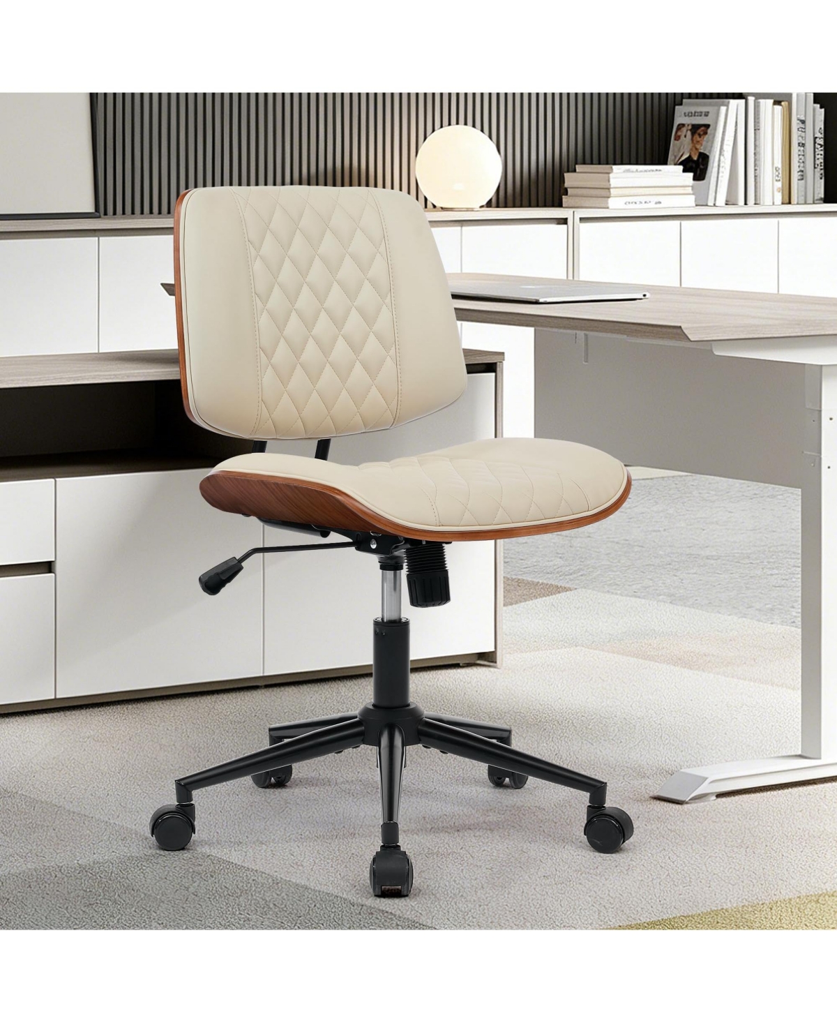 homfan Armless Swivel Office Chair with 4-Level Backrest, Adjustable Height, Pu Leather