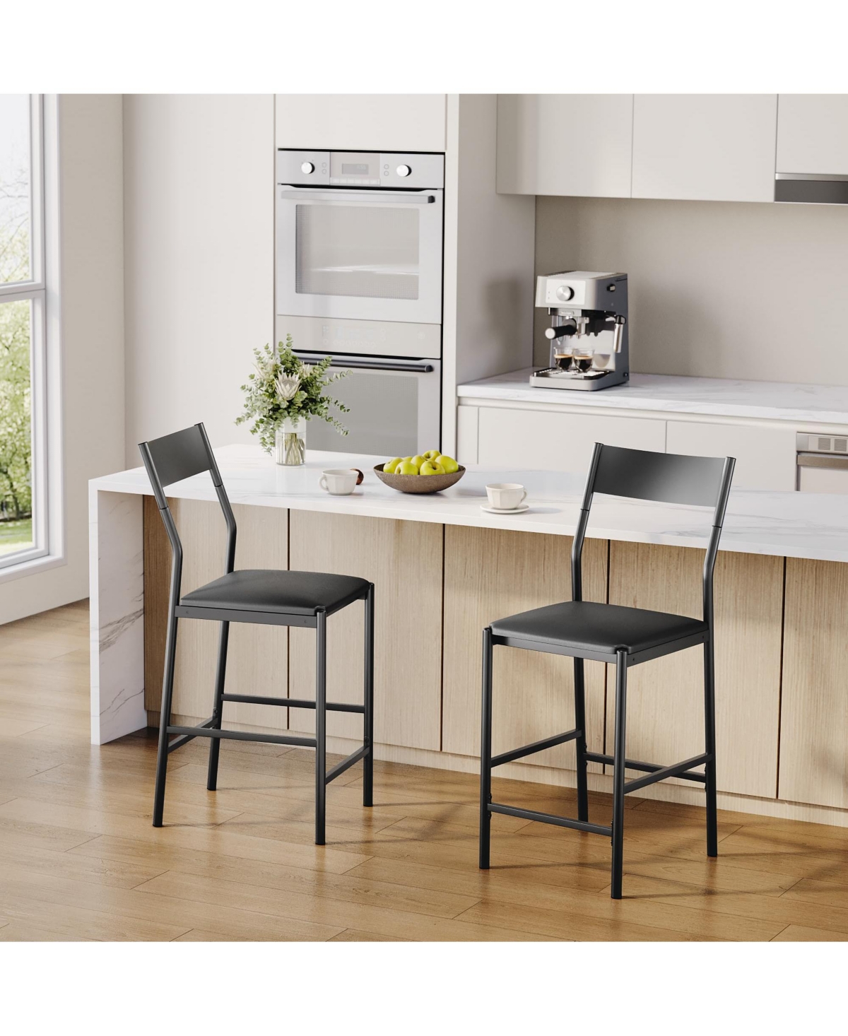 homfan Set of 2 Bar Stools, 24 Inch Pu Leather Counter Height Stools with Backrest and Footrest for Kitchen or Dining Room