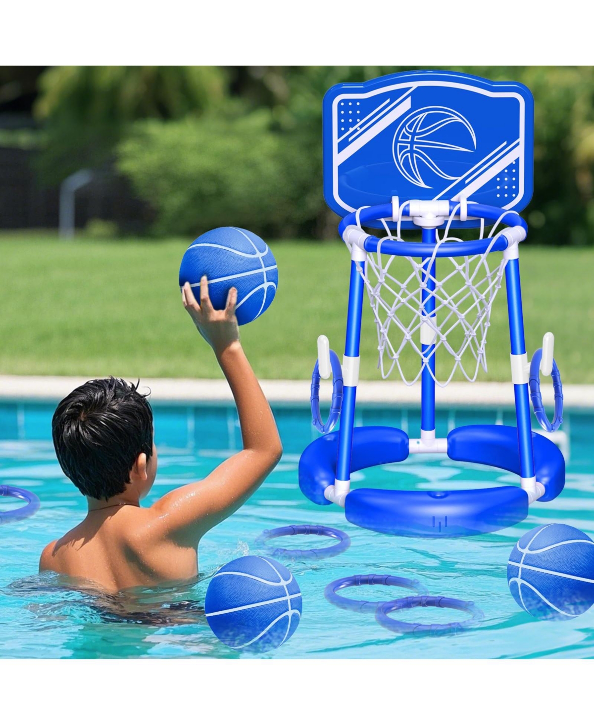 Gnuadz 2-in-1 Pool Basketball Hoop Floating Game Ring Toss Balls Pump