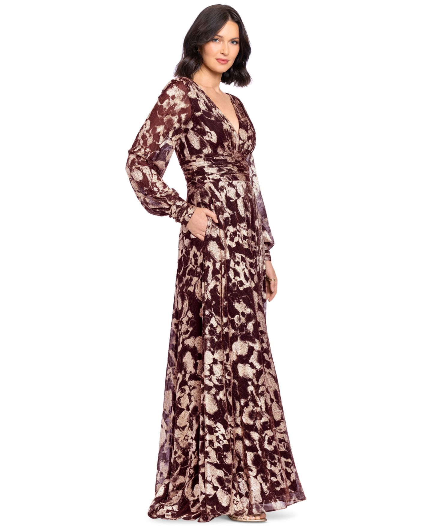 Женские платья Betsy & Adam Petite V-Neck Long-Sleeve A-Line Gown, цвет: Винный золотой — фото 6