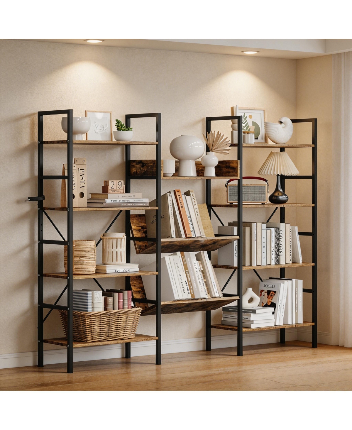 homfan Triple-Wide Adjustable Bookshelf, Industrial Steel Frame 11-Shelf Storage Rack, Anti-Tip Multi-Functional Room Divider Display Shelf