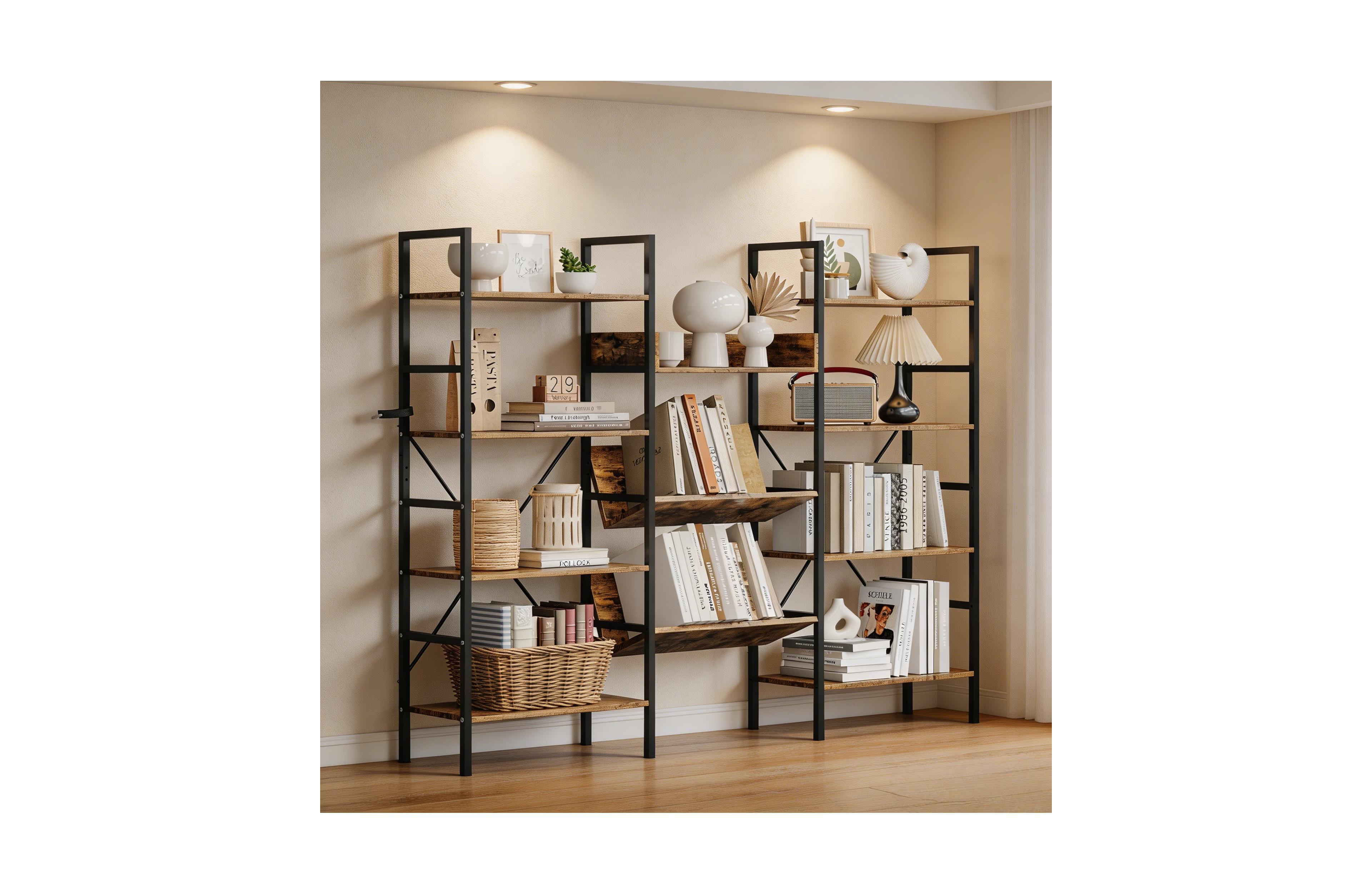 homfan Triple-Wide Adjustable Bookshelf, Industrial Steel Frame 11-Shelf Storage Rack, Anti-Tip Multi-Functional Room Divider Display Shelf