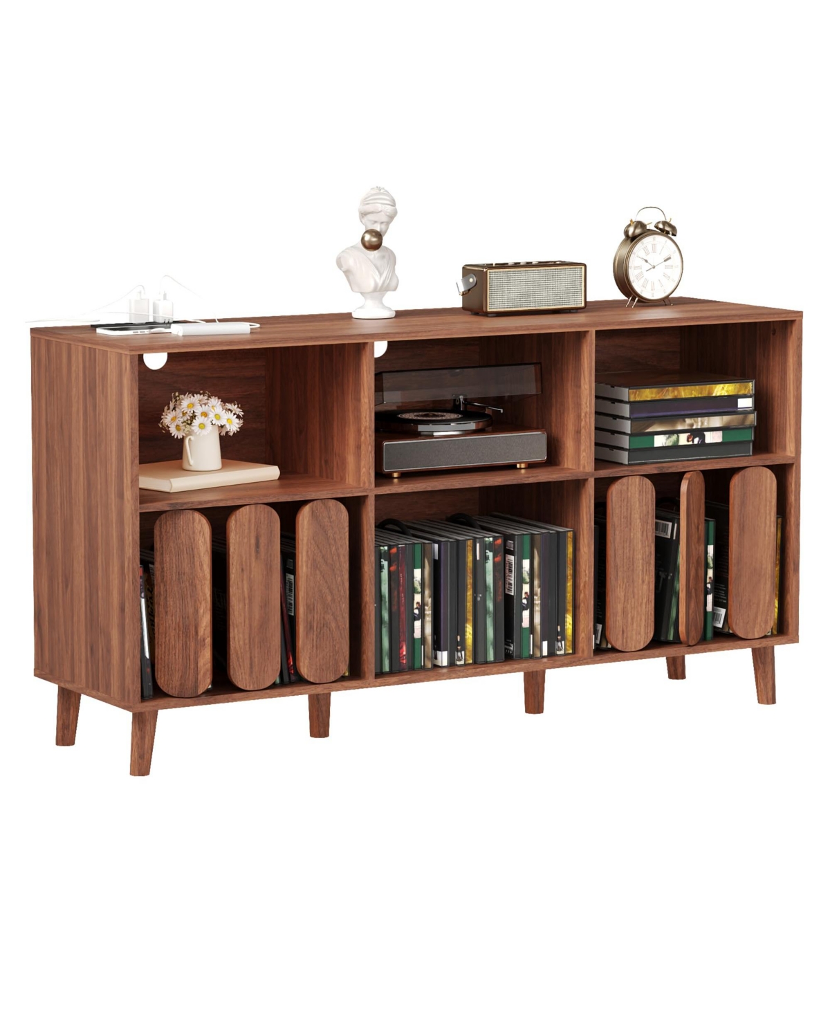 homfan 55.1" Wide Vinyl Record Player Stand with Power Outlets and Usb, Storage Cabinet for 300 Plus Records