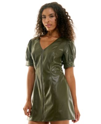Juniors' Pleather V-Neck Mini Dress with Front Zipper