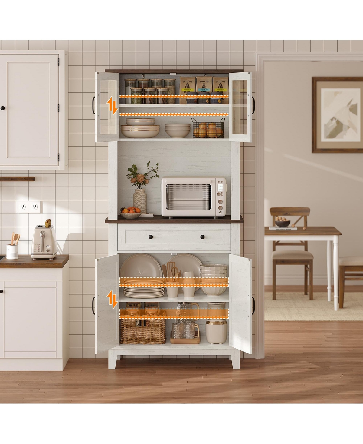 homfan 72" Kitchen Pantry Cabinet with Drawers and Glass Doors, Farmhouse Hutch with Storage, Microwave Stand for Kitchen and Dining Room