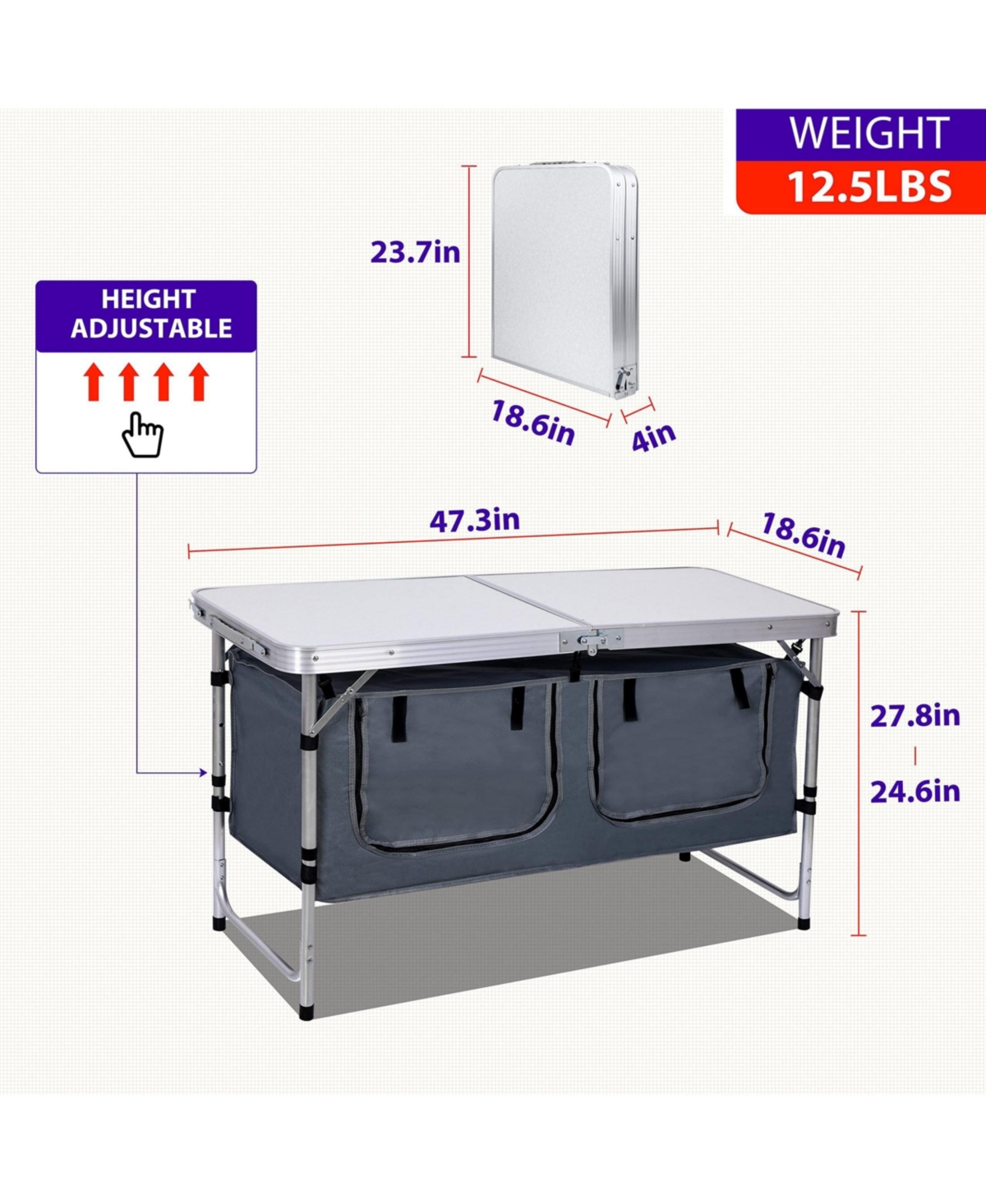 Piscifun Camping Table Folding Height Adjustable Aluminum Lightweight Portable Outdoor Indoor