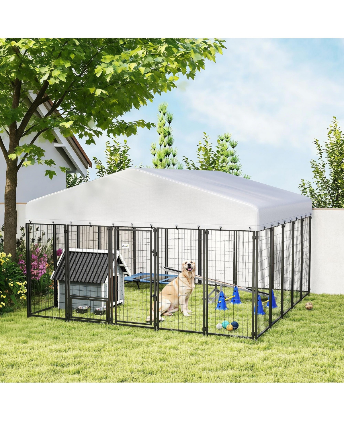 Ruie Outdoor Dog Kennel Run with Rotating Bowls and Waterproof Cover