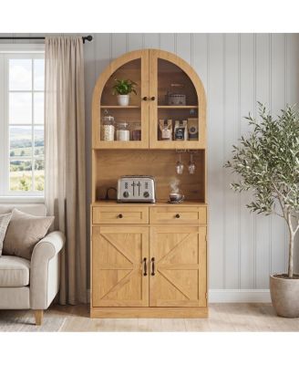  75" Farmhouse Arched Pantry Cabinet with Charging Station and Coffee Bar