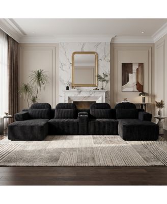 Modern Corduroy 6-Seater U-Shaped Modular Sofa with Cup Holders