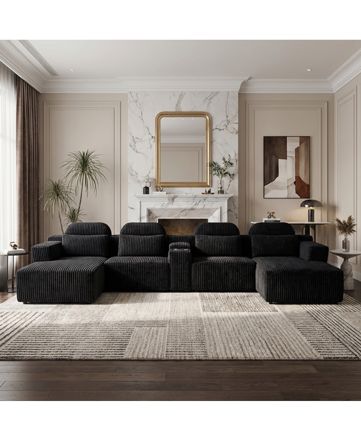 Streamdale Furniture Modern Corduroy 6-Seater U-Shaped Modular Sofa with Cup Holders