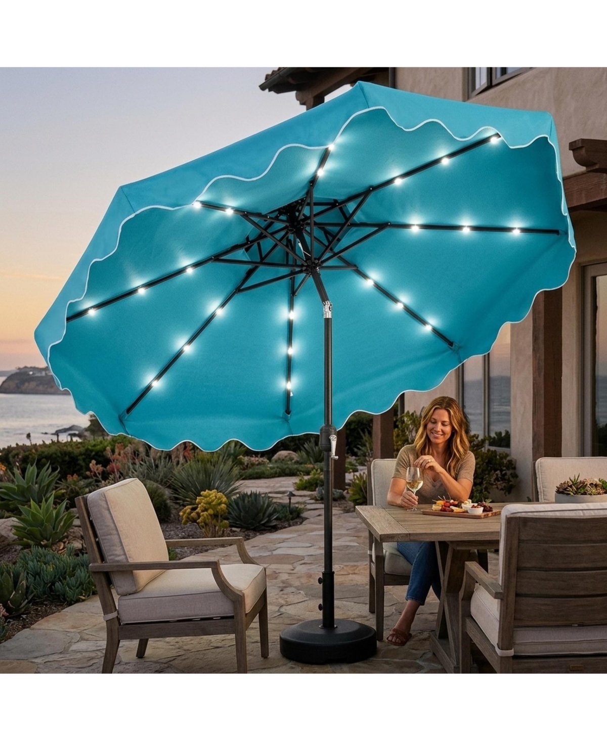 Sugift 9 Feet Solar Led Patio Umbrella with Push Button Tilt 24 Lights and 8 Ribs