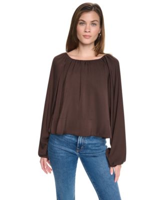 Women's Shirred Boat Neck Long-Sleeve Raglan Blouse