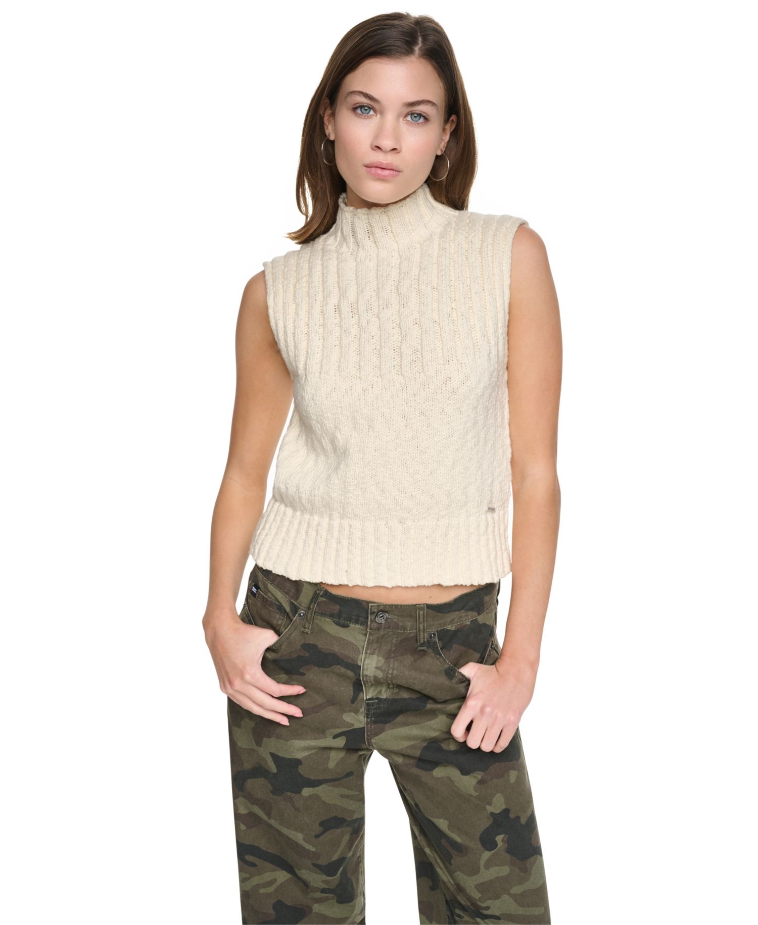 Women's Sleeveless Mock-Neck Cable-Knit Sweater