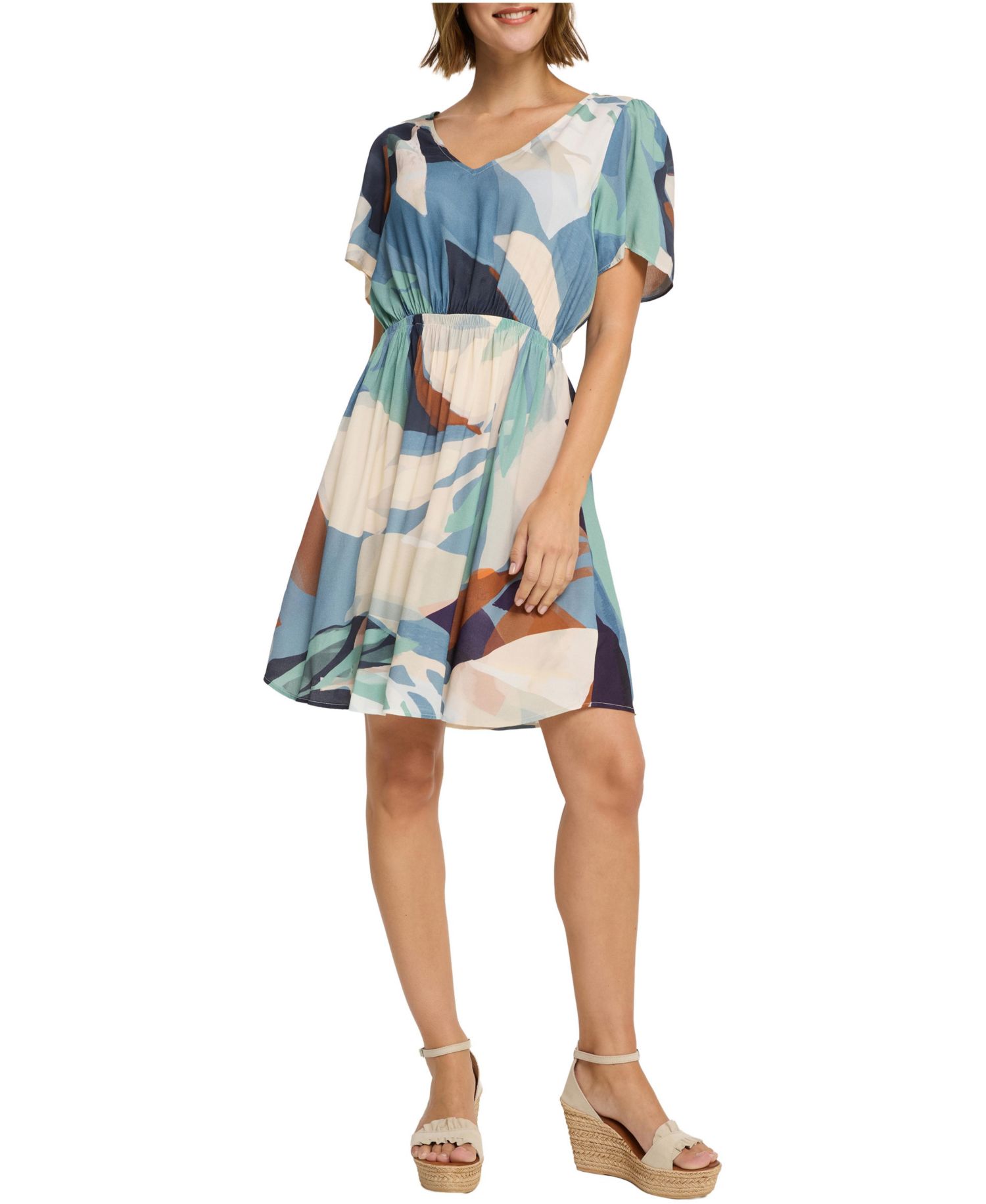 Women's Viscose Printed Flutter-Sleeve Fit-and-Flare V-Neck Short Dress