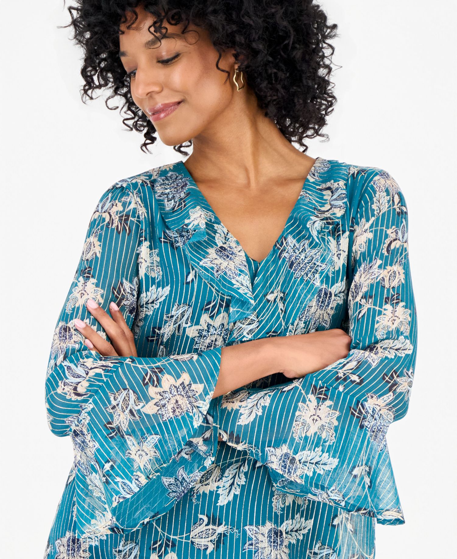 Women's Shine Floral V-Neck Bell Sleeves Printed Blouse