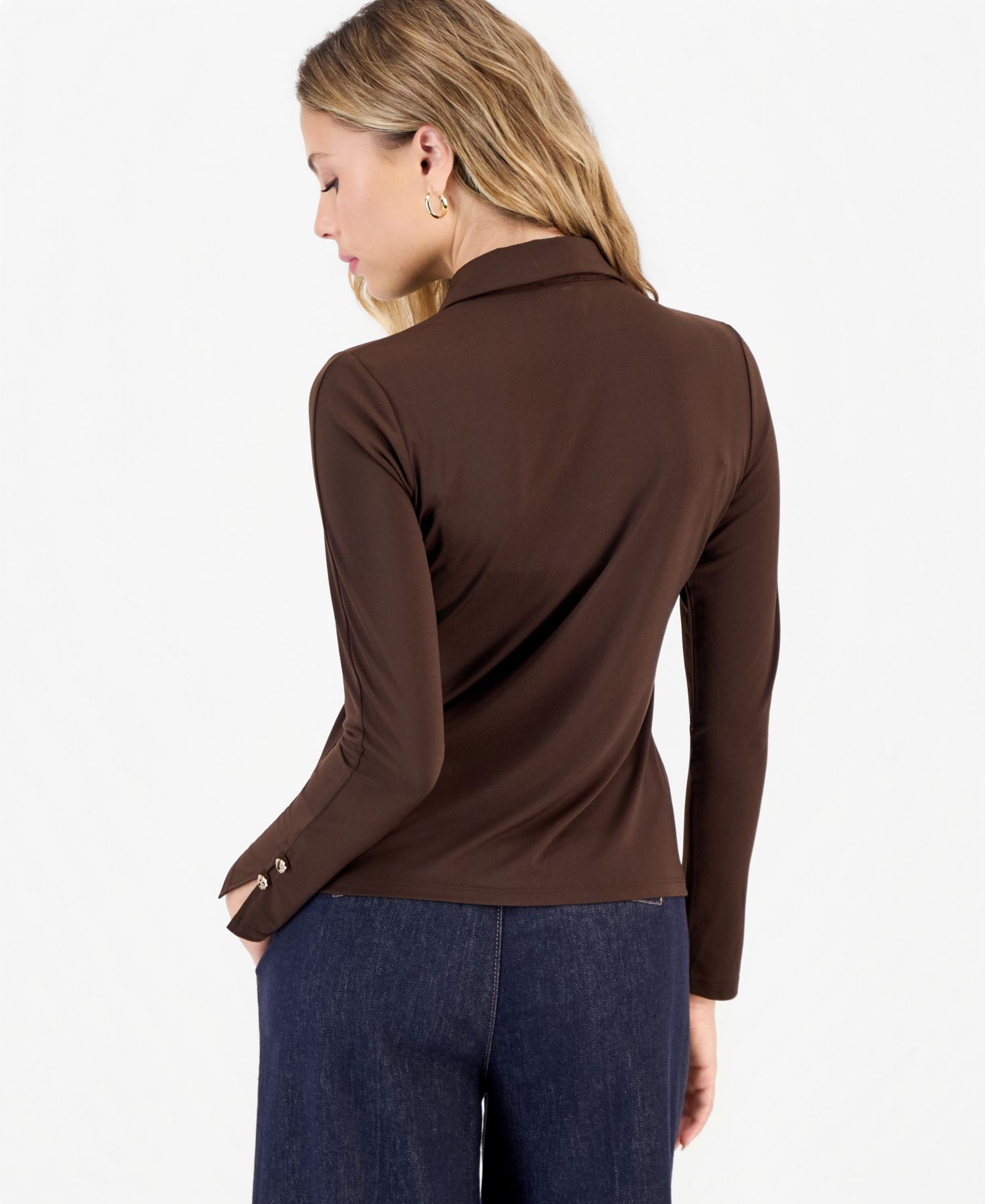 Petite Long-Sleeve Point-Collar Keyhole Neckline Blouse